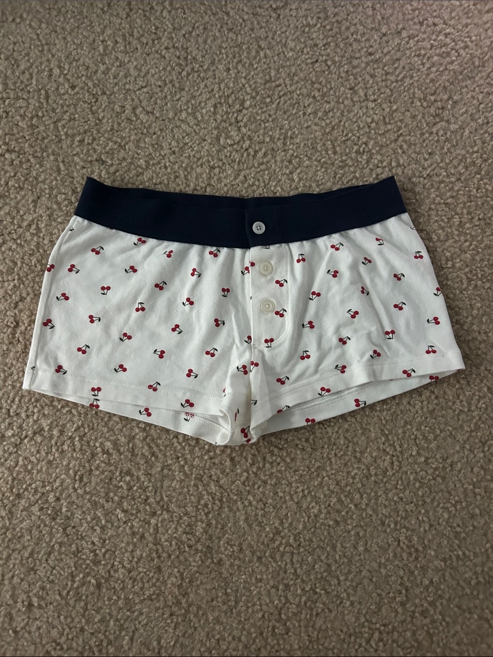 Brandy Melville White Cherry-Print Bike Shorts with Navy Waistband